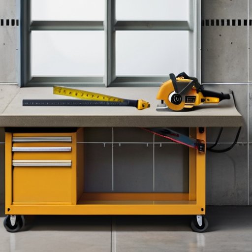 Организованное рабочее место для резки окна в газобетонной стене с инструментами и размеченной стеной.