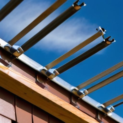 Организованный строительный участок с металлическими плитами, деревянным каркасом, инструментами и ясным небом.