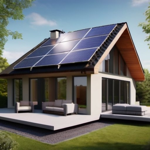 Уютный энергоэффективный дом с солнечными панелями и толстой изоляцией на фоне экологически чистого пейзажа.