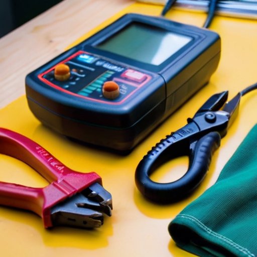 Организованное рабочее место для электрических ремонтов с инструментами и знаками безопасности.