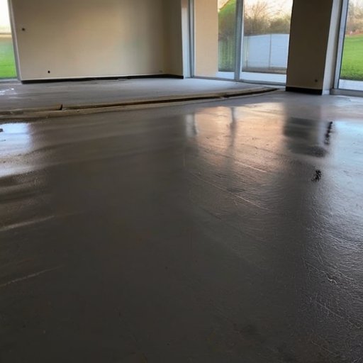 Строительная площадка с полусухой стяжкой, поливка, инструменты и незавершенное здание.