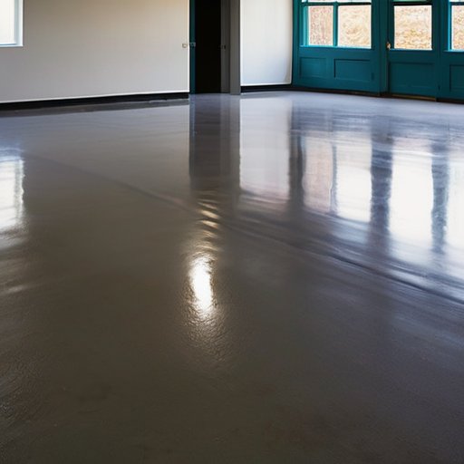 Свежезалитый пол с гладкой стяжкой и инструментами для ухода.