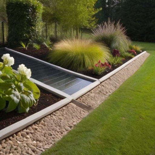 Ландшафтный дизайн с садом, дренажными каналами и системой сбора дождевой воды.