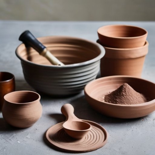 Аккуратное рабочее пространство для смешивания шамотной глины с инструментами и материалами.