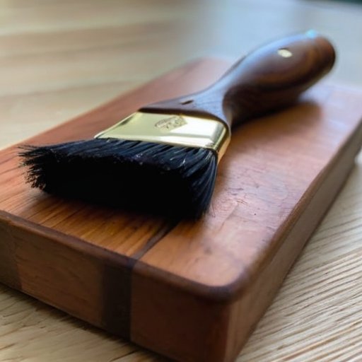 Деревянная доска, обрабатываемая маслом, на верстаке с инструментами и уютной мастерской на фоне.