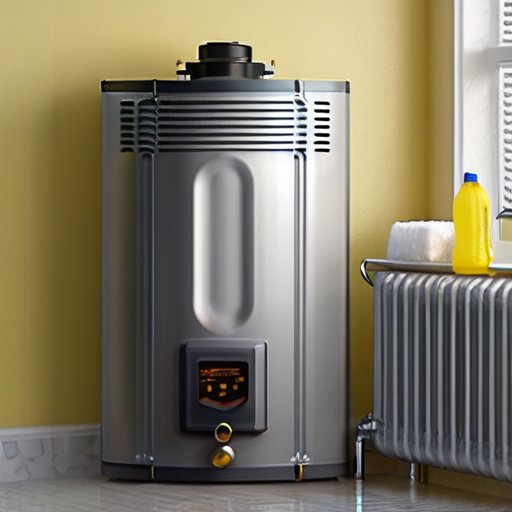 Чистый газовый водонагреватель с блестящим радиатором и инструментами для чистки рядом.