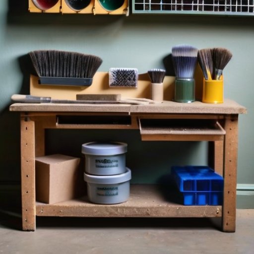 Упорядоченная мастерская с инструментами и материалами для ремонта.