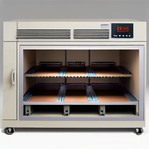 Сушильная камера для шамотной глины с контролем температуры и влажности, полки с глиняными изделиями.