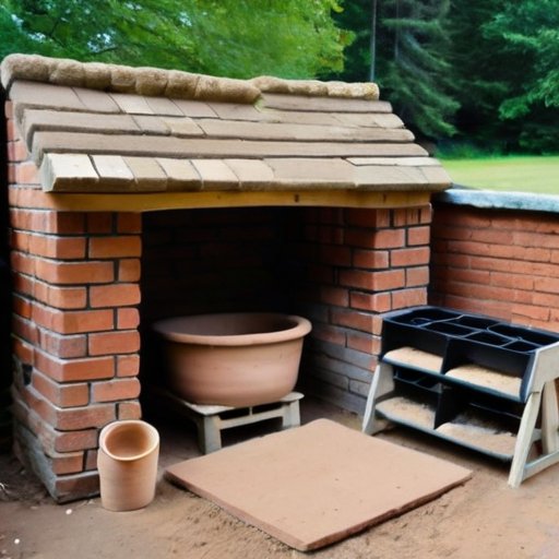 Сцена rustic мастерской с инструментами для работы с шамотной глиной, ведром воды и строительной печью.