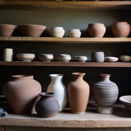 Рабочее место гончара с инструментами и текстурированным кирпичом шамота в центре, окруженное организованными инструментами и мягким естественным светом.