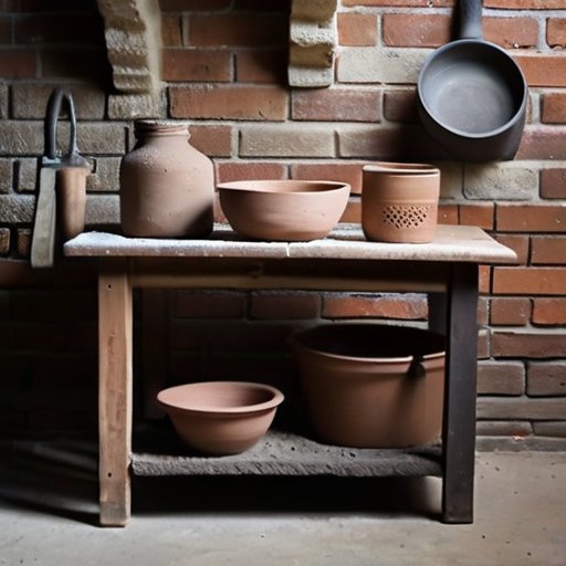 Рустикальная мастерская с инструментами для работы с шамотной глиной.