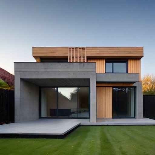 Современный дом из серого шлакоблока с чистым дизайном, окружённый ухоженным садом и ясным небом.