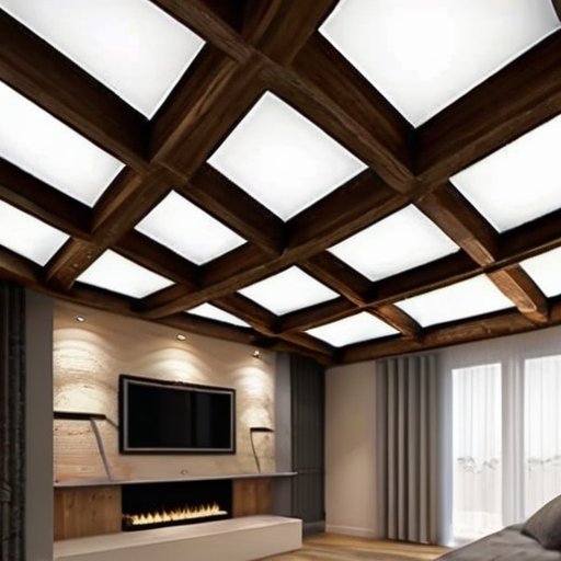 Уютная гостиная с деревянными балками и ремонтом потолка, звукопоглощающие материалы и инструменты.