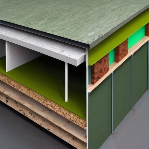 Срез SIP-панели с изоляцией, ОСП и защитным слоем, символами прочности и энергоэффективности на фоне строящегося современного здания.