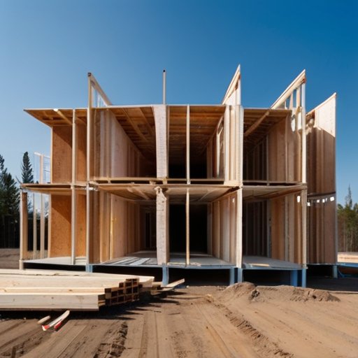 Современная строительная площадка с частично построенным зданием из СИП-панелей на фоне ясного голубого неба.