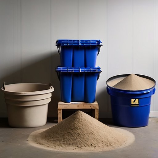 Упорядоченное рабочее пространство для смешивания бетона с необходимыми материалами и инструментами.