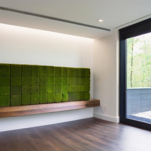 Интерьер с зелёной моховой стеной, элегантной мебелью и естественным светом.