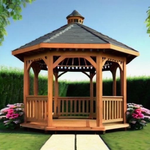 Деревянный беседка в саду с яркими цветами, инструменты и чертежи рядом.