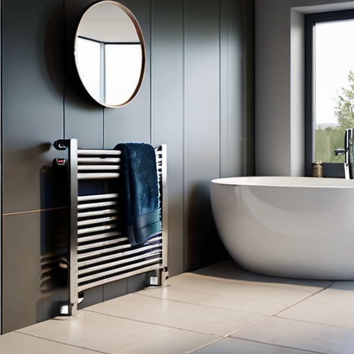Современная ванная комната с стильным полотенцесушителем и теплым полом.
