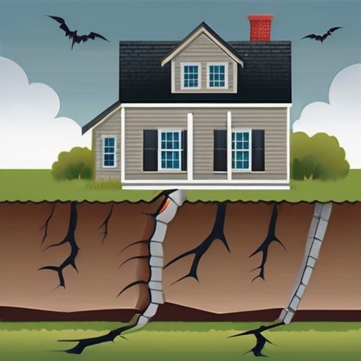 Дом с трещинами на стенах, причины: грунтовые смещения, дожди, строительные ошибки; рядом инструменты для ремонта.