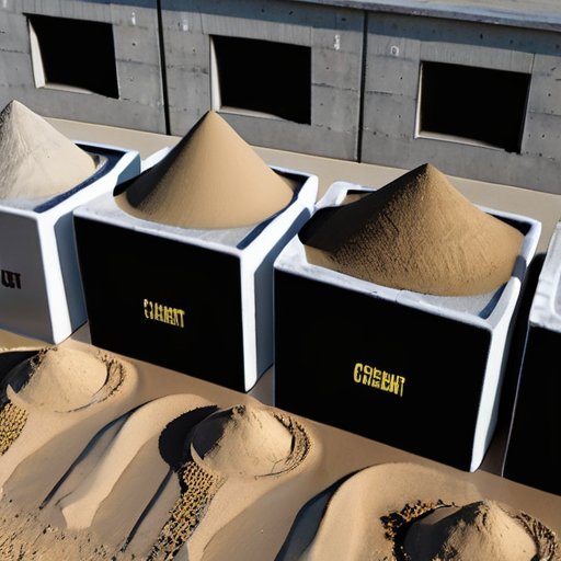 Современная строительная площадка с различными цементными смесями в прозрачных контейнерах, песком и инструментами.