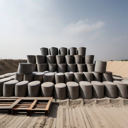 Строительная площадка с аккуратно уложенными мешками цемента на фоне незавершенных бетонных конструкций и песчаных куч. Инструменты: мастерок и ведро для смешивания.