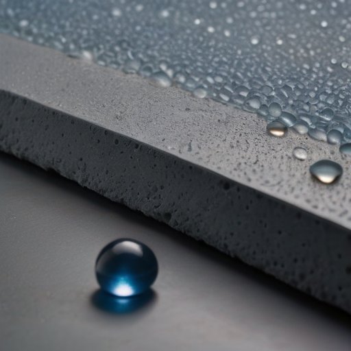 Близкий план серого цементного пасты с каплями воды и кристаллическими структурами на фоне градиента синего и серого.