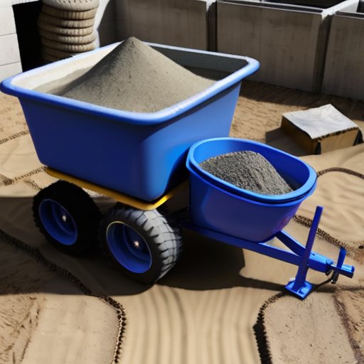 Строительная площадка с аккуратно сложенными мешками цемента, миксером и инструментами, свежезамешанным цементом в тачке и частично построенными стенами.