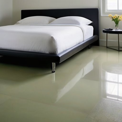 Чистый пол с полусухой стяжкой и уборочными инструментами, подчеркивающий уход за полом.