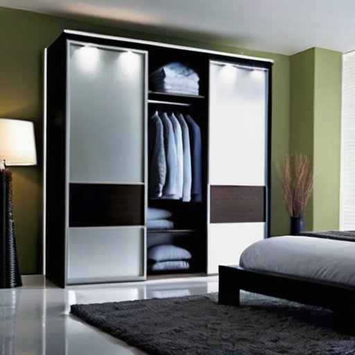 Современный встроенный шкаф с раздвижными дверями в стильной спальне.