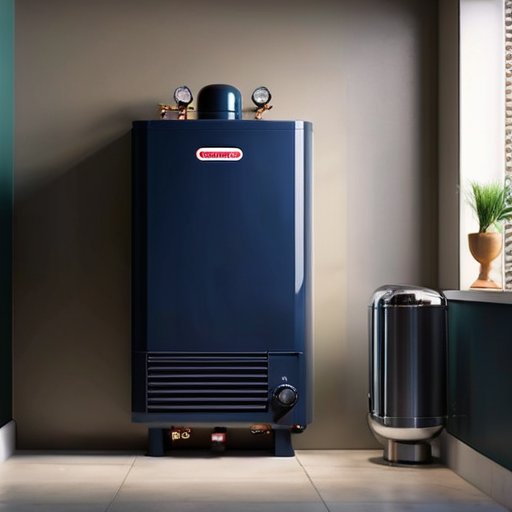 Современный газовый котел с трубами и дымоходом на чистой стене, инструменты и технические документы на столе.