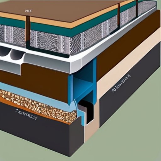 Схема среза фундамента здания с детализацией дренажа, мембраны и изоляции.