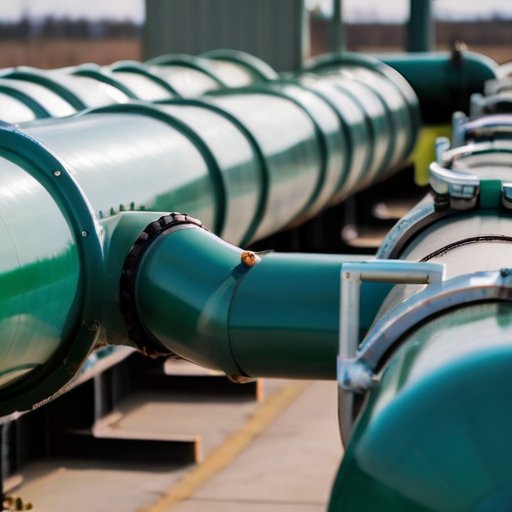 Изображение высоконапорного газопровода с детальным видом тройника, окруженного инструментами и средствами безопасности в современном промышленном окружении.