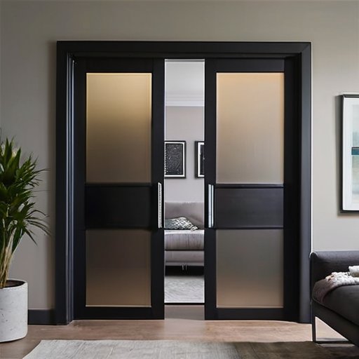 Стильный интерьер с тремя типами дверей: деревянной, металлической и раздвижной стеклянной.