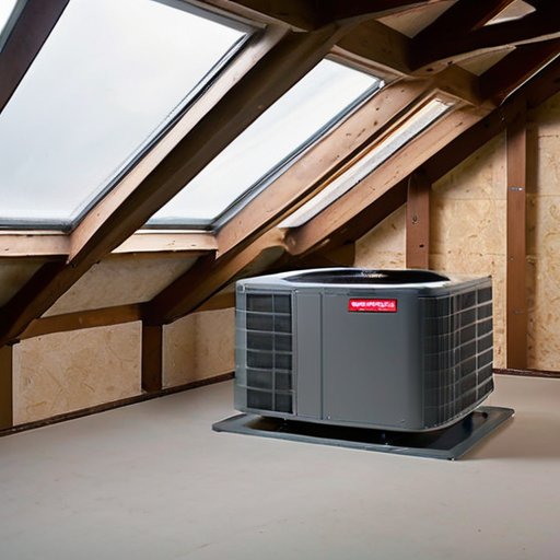 Чистый чердак с установленным кондиционером, видимой изоляцией и вентиляционными трубами.