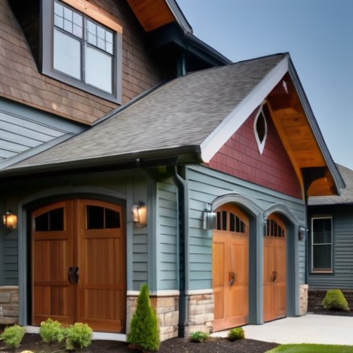 Фронтон дома с различными отделками: дерево, винил, металл, цементное волокно и композит. Чистое небо и ухоженный газон.