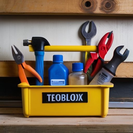 Ящик с инструментами и бутылками для удаления жидких гвоздей на строительной площадке.