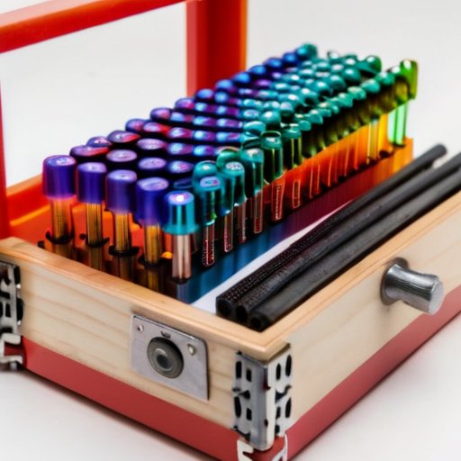 Ящик с инструментами, наполненный тюбиками жидких гвоздей с отметками температурной устойчивости, окружённый строительными материалами и термометром с экстремальными температурами.