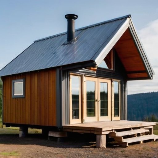 Уютное пространство в переносной бытовке с кухней, ванной, печкой и компактной мебелью на фоне природы.